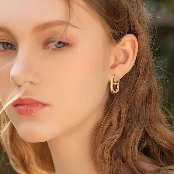 925 Sterling Silver Heart Rectangle Hoop Earring Women Geometric Hypoallergenic - Picture 3 of 6